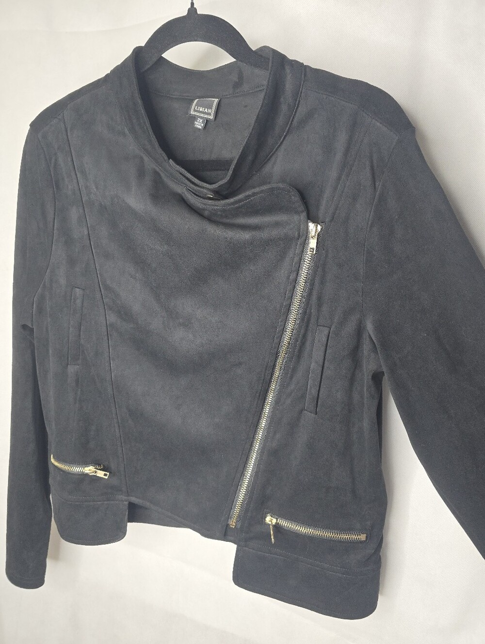 Libian Moto Jacket Black Fauex Suede Asymmetrical Gold Zip Edgy Rocker 2X